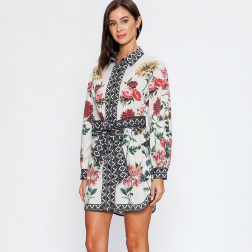 Flower Print Shirt Dress w/ Belt  “Flower Child”